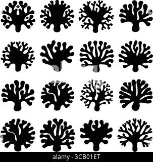 Eine Sammlung von 16 schwarzen Silhouetten verschiedener Korallenmotive, die in einem Gitterformat angeordnet sind. Jede Korallenform ist einzigartig und zeigt verschiedene Formen und Formen Stock Vektor