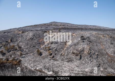 Frankreich. März 2018. Nach dem Großbrand in den Corbières, Aude, Frankreich am 7. August 2025. Ein Waldbrand im Departement Aude in Südfrankreich. Dieser seit Jahren größte Waldbrand Frankreichs verwüstete 16.000 Hektar Vegetation und Kiefernwald, zerstörte oder beschädigte 25 Häuser und verbrannte 35 Fahrzeuge. Foto: Romain Bastard/Pixnfly/ABACAPRESS.COM Credit: Abaca Press/Alamy Live News Stockfoto