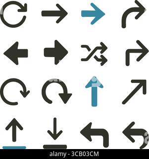 Pfeilsymbole Set Vector (Vektor Festlegen), Direction Clipart (Richtung), Black Blue Symbol (Schwarzes Blaues Symbol), Navigation, Turn (Drehen), Nach Oben, Unten, Links, Rechts, Einfache Kontur, Minimal, Kollektion, Design Stock Vektor