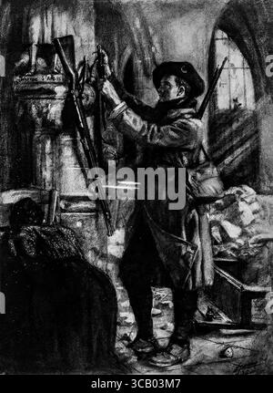 Illustration des Ersten Weltkriegs von Lucien Jonas: In einer ruinösen Kirche platziert ein französischer Chasseur Alpin ein gefangenes deutsches Gewehr, Bajonett und Helm zu Füßen einer Statue von Jeanne d'Arc. Dieses mächtige Bild mit dem Titel LíEx-Voto symbolisiert Dankbarkeit, Opfer und religiösen Patriotismus im Frankreich der Kriegszeit. Veröffentlicht in L'Illustration, April 1916. Stockfoto