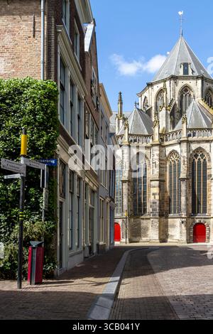 Die Kathedrale von Dordrecht steht neben traditionellen niederländischen Häusern in der ruhigen Grotekerksbuurt, die in sanftes Morgenlicht im historischen Heim getaucht ist Stockfoto