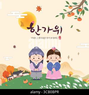 Koreanisches Thanksgiving-Event-Design. Landschaft im Herbst. Ein Paar im Hanbok. Stock Vektor