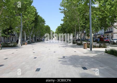 Paul Riquet Allee, eine Fußgängerzone gesäumt von Bäumen, Stadt Béziers, Departement Hérault, Frankreich Stockfoto