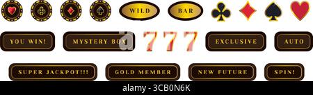 Casino-Zeichen Vektor-Set, Spielgegenstände, dunkle und goldene Farben. Runde Pokerchips, Kartenanzüge, beliebte Symbole und Slogans Stock Vektor