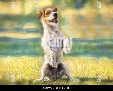 Stilisierte digitale Fotokunst, erwachsener männlicher Jack Russel Terrier Hund sitzt auf Betteln Stockfoto