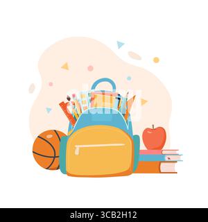 Schulrucksack mit Bildungsartikeln. Briefpapier, Bücher, Ball und Apfel. Zeichentrickgrafik-Vektor-Illustration Stock Vektor