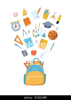 Schulrucksack mit fliegendem Schulmaterial. Briefpapier, Bücher, Ball und Uhr. Zeichentrickgrafik-Vektor-Illustration Stock Vektor