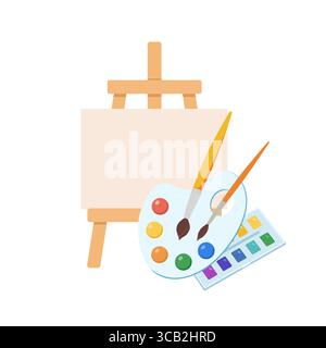 Kunstzubehör. Farben, Pinsel, Aquarelle, Palette, Staffelei Zeichentrick flache Vektor-Illustrationen. Elemente der Malwerkzeuge Stock Vektor
