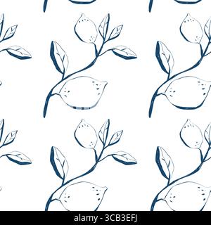 Nahtlos handgezeichnetes Muster von Zitronenzweigen in modernem Blau-weiß-Farbschema für Stoff und Verpackung Stock Vektor