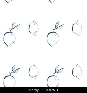 Nahtloses Vektormuster mit handgezeichneten Zitronen und Blättern in minimalistischem botanischem Stil auf weißem Hintergrund Stock Vektor