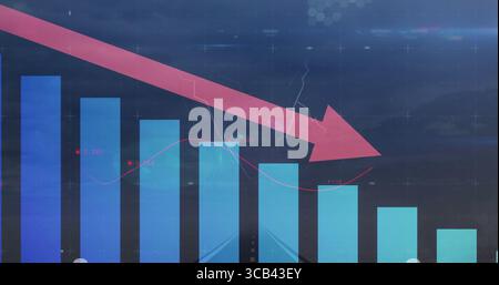 Anzeigen des Balkendiagramms absteigend auf dunkelblauem Hintergrund mit Rasterüberlagerung, rotem Pfeil und Trendlinie Stockfoto