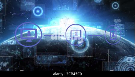 Anzeige von lila-kreisförmigen Gerätesymbolen, die sich in einer Erdumlaufbahn verbinden, mit holografischen UI-Bedienfeldern Stockfoto