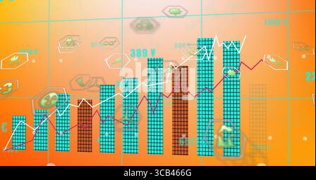 Anzeigen von Balken- und Liniendiagrammen auf dem Dashboard „Finanzen“, steigende Balken, Öko-Symbole und Währungssymbole Stockfoto