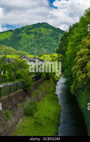 Ruhige Dorflandschaft mit einem sanften Bach, der neben üppigem Grün und majestätischen Bergen unter einem lebendigen Himmel fließt, Kyoto, Japan Stockfoto