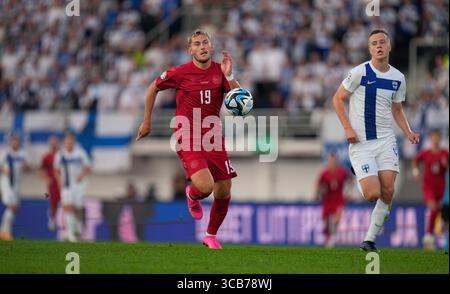 10. September 2023: Jonas Wind (Dänemark) kontrolliert den Ball während eines Qualifikationsspiels ZUR Gruppe H EURO 2024, Finnland gegen Dänemark, im Olympiastadion Helsinki. Kim Price/CSM (Kreditbild: © Kim Price/CSM via ZUMA Press Wire) Stockfoto