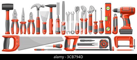 Vektorsatz von DIY-Werkzeugen, horizontales Banner mit Gruppe von ausgeschnittenen Illustrationen Vielfalt professionelle orange diy-Werkzeuge, Sammlung von verschiedenen Holzbearbeitungen Stock Vektor