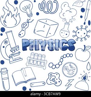 Vektorillustration verschiedener physikalisch relevanter Kritzeleien in blauer Umrissform, einschließlich Laborausrüstung, wissenschaftlichen Symbolen und Naturphänomenen auf einem Stock Vektor