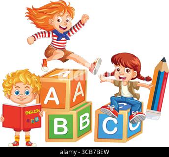 Drei Kinder beschäftigen sich mit bunten Alphabetblöcken und einem riesigen Bleistift, die Spaß und lehrreiches Spiel veranschaulichen Stock Vektor