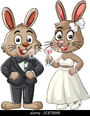 Vektor-Illustration von zwei Zeichentrickkaninchen, die als Braut und Bräutigam gekleidet sind, Seite an Seite stehen, mit der Braut ein Cocktailglas hält Stock Vektor