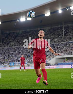 10. September 2023: Jonas Wind (Dänemark) kontrolliert den Ball während eines Qualifikationsspiels ZUR Gruppe H EURO 2024, Finnland gegen Dänemark, im Olympiastadion Helsinki. Kim Price/CSM (Kreditbild: © Kim Price/CSM via ZUMA Press Wire) Stockfoto