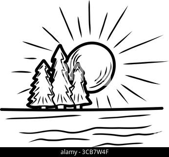 Helle Sonne scheint über Nadelbäume und See Stock Vektor