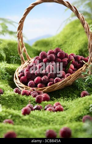 Saftige rote Aronia Beeren in einem rustikalen Holzkorb auf üppigem grünem Moos, frische gefrorene Preiselbeeren in einem Korb auf grünem Moos Hintergrund Stockfoto