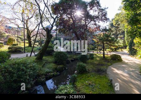 Heian Shrine Garden mit leuchtenden grünen Bäumen, einem kleinen Bach, der durch das Laub fließt, und flauschigem Sonnenlicht, das durch das Laub filtert. Der Gartenweg Stockfoto