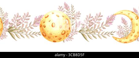 Mond und Halbmond mit Zweigen aus Wildblumen, nahtloser Rand in Aquarellen für Kinder. Floral esotrische Mystery Selestial Hintergrund Hand gezeichnet isoliert Stockfoto