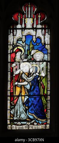 Die schwangere Mary besucht ihre Cousine Elizabeth, ein Buntglasfenster in der Great St Mary's christian Church, University of Cambridge, England. Stockfoto