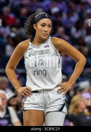 6. August 2025 San Francisco CA, USA Las Vegas Wachmann Aaliyah Nye (13) auf dem Platz während des WNBA Basketballspiels zwischen Las Vegas Aces und den Golden State Valküren. Las Vegas besiegt Golden State 78-72 im Chase Center San Francisco Kalifornien Thurman James/CSM Stockfoto