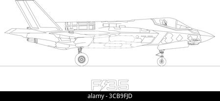F-35 Lightning II Überschallflugzeug, Stealth-Streik-Kämpfer, Silhouette-Linienkunst, Vektor-Illustration Stock Vektor