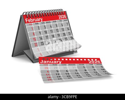 2026 Jahre. Kalender für Februar. Isolierte 3D-Darstellung Stockfoto