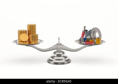 Geld und Ersatzteile in großem Maßstab. Isolierte 3D-Illustration auf weißem Hintergrund Stockfoto