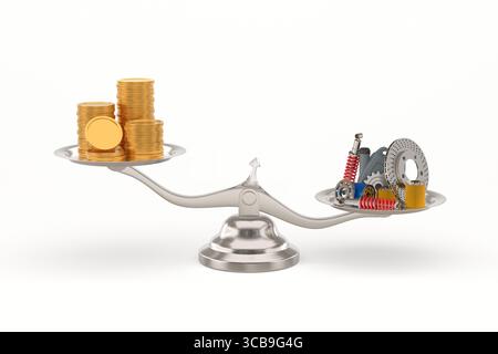 Geld und Ersatzteile in großem Maßstab. Isolierte 3D-Illustration auf weißem Hintergrund Stockfoto