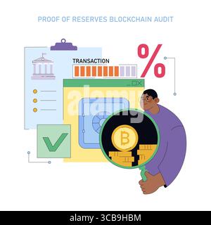 Farbenfrohe Vektorgrafik, die das Konzept des Proof of Reserves Blockchain-Audits zeigt. Enthält Elemente wie Blockchain, Transaktionen und Bitcoin, die von einer Person mit positivem Ausdruck verstärkt werden. Stock Vektor