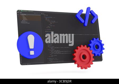 Quellcode wird auf weißem Hintergrund programmiert. Isolierte 3D-Abbildung Stockfoto