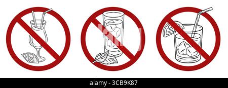 Vektorset Cocktails im Verbotsschild. Sammlung verbotener Schilder mit alkoholischen Getränken. Alkohol darf nicht getrunken werden. Cocktails in Stock Vektor