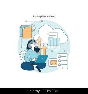 Vektordarstellung einer Person, die einen Laptop verwendet, um Dateien in der Cloud freizugeben. Zeigt Aufwärtspfeile, Cloud-Symbole und verschiedene Dokumente in einer digitalen Netzwerkszene. Stock Vektor