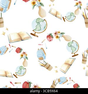 Nahtloses kreisförmiges Aquarellmuster mit akademischem und Back-to-School-Thema. Geeignet für Bildungseinrichtungen und Textilien mit Bildungsthema Stockfoto