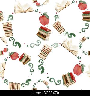 Nahtloses kreisförmiges Aquarellmuster mit Büchern, Äpfeln und abstrakten Flecken. Das Farbschema wird in den Farben Grün, Rot und Braun beibehalten. Geeignet für Stockfoto