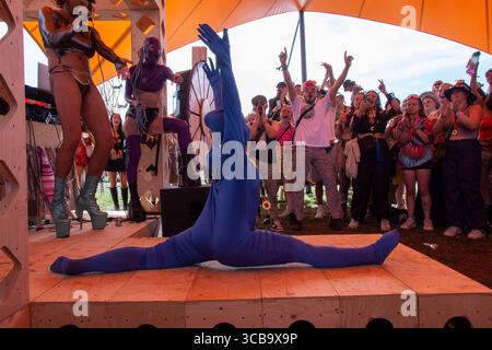 11. August 2023, Winchester, Hampshire, England: Boomtown Fair lockte die Besucher zu dem sonnenverwöhnten Festival mit überwiegend zeitgenössischen Tanzklängen an. Tausende strömten zu dem Ort in der Nähe von Winchester, wo eine eklektische Mischung aus Musik und Kunstdarstellern in einer fantastischen Welt von Fantasy-Kreationen und Musikbühnen enthalten war. (Bild: © Rod Harbinson/ZUMA Press Wire) Stockfoto