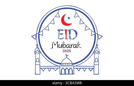 EID Mubarak Festgruß mit Halbmond und Moschee Stock Vektor