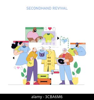 Vektor-Illustration, die Personen zeigt, die online und offline Gebrauchtkleidung kaufen. Einzelne halten verschiedene Kleidungsstücke in der Hand, erkunden Modeoptionen und teilen Gegenstände mit. Stock Vektor