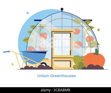 Vektor-Illustration, die ein städtisches Gewächshaus mit Tomatenpflanzen und einem großen Kürbis im Freien darstellt. In der Nähe befindet sich eine Schubkarre, die städtische Gartenarbeit und nachhaltiges Wohnen repräsentiert. Stock Vektor