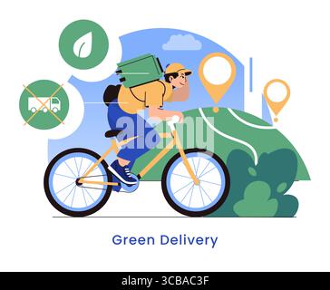 Zukunftskonzept. Umweltfreundlicher Kurier mit Fahrrad für nachhaltigen Transport reduzierte Emissionen und effiziente Stadtlogistik. Fördert umweltfreundliche Lösungen für den Stadtverkehr. Vektorabbildung. Stock Vektor