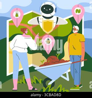 Vektorillustration eines Roboters, der Landwirten hilft, Schädlinge zu identifizieren und zu verwalten. Zwei Personen diskutieren Strategien mit Hilfe eines High-Tech-Roboterassistenten auf einer Farm. Stock Vektor