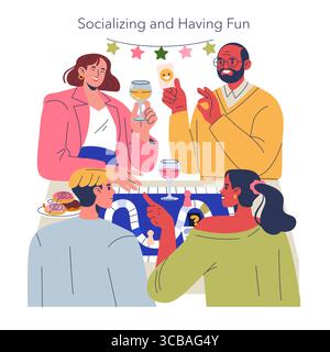 Vektor-Illustration einer vielfältigen Gruppe von Freunden, die Spaß beim Brettspiel und beim Genießen von Getränken haben. Lächelnde Gesichter und entspannte Gesten unterstreichen soziale Verbindung und Freizeit. Stock Vektor