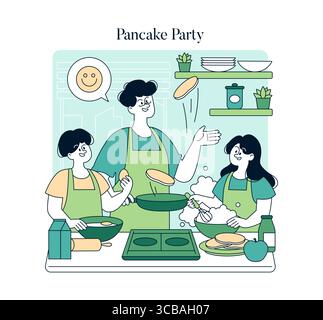 Papa und die Kinder genießen eine Pfannkuchenparty zu Hause, indem sie in der Küche mit Freude und Lachen Pfannkuchen umdrehen. Stock Vektor