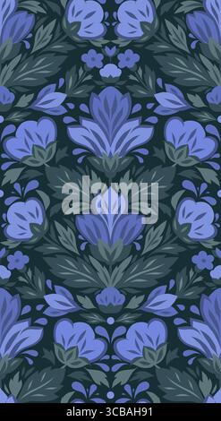 Nahtloses Vektor-Muster mit dekorativen blauen Blumen. Textur mit stilisierter Blumenanordnung auf dunklem Hintergrund. Sommerblüte. Blumenhintergrund für Stock Vektor