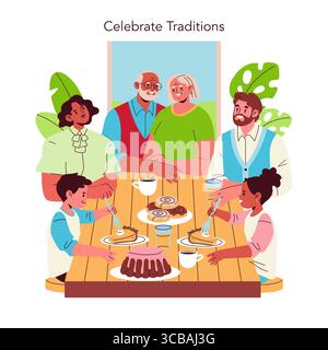 Eine Familie, die sich an einem Tisch versammelt und Kuchen und Gespräche genießt. Zwei Kinder bereiten sich enthusiastisch auf das Essen vor. Diese farbenfrohe Vektor-Illustration fängt die Wärme gemeinsamer Familientraditionen ein. Stock Vektor